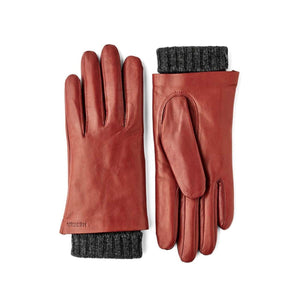 Hestra red leather gloves with grey ribbed knit cuffs
