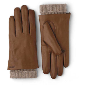 Hestra brown leather gloves with ribbed knit cuffs