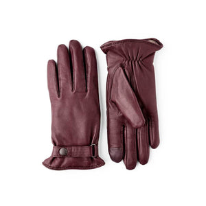 Hestra burgundy leather gloves with snap button wrist strap
