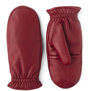 Hestra red leather mittens with elasticated wrists