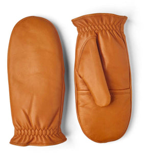 Pair of tan leather mittens with gathered elastic wrists