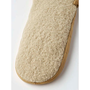 Hestra beige wool fleece mitten with tan leather trim