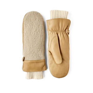 Hestra tan leather and wool mittens with ribbed cuffs