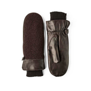 Hestra brown leather and wool mittens with ribbed cuffs