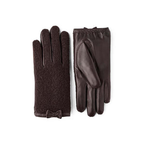 Hestra brown wool and leather gloves with a small bow detail