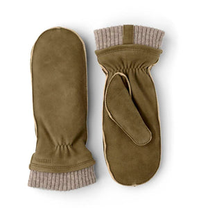Hestra olive green suede mittens with ribbed knit cuffs