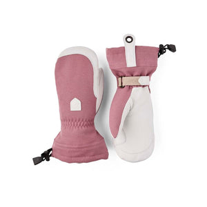 Hestra pink and white winter mittens with adjustable wrist straps