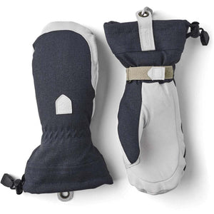 Hestra navy and grey insulated winter mittens with adjustable wrist straps
