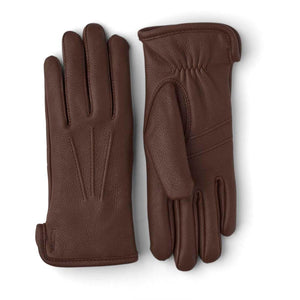 Hestra brown leather gloves with decorative stitching