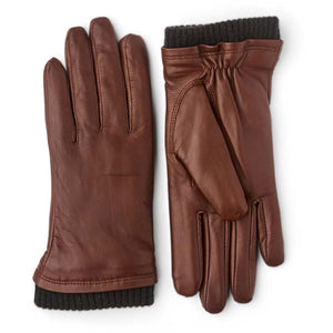 Hestra brown leather gloves with ribbed knit cuffs