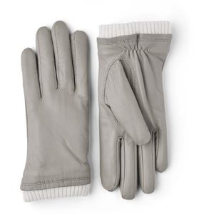 Hestra grey leather gloves with white ribbed cuffs