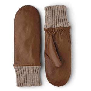 Hestra brown leather mittens with ribbed knit cuffs