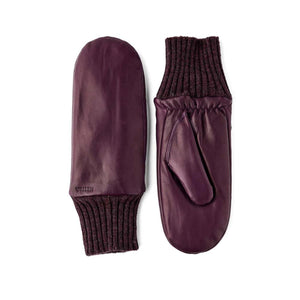 Hestra purple leather mittens with ribbed knit cuffs