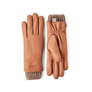Hestra tan leather gloves with brown ribbed knit cuffs