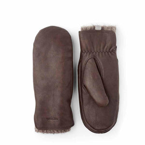 Hestra brown leather mittens with sheepskin lining