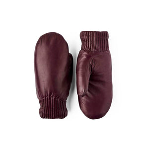 Pair of dark burgundy leather mittens with ribbed cuffs