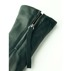 Dark green leather glove detail with silver zipper closure