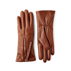Hestra brown leather gloves with side zipper detail