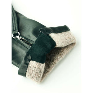 Dark green leather sleeve cuff with beige knit lining and metal zipper detail