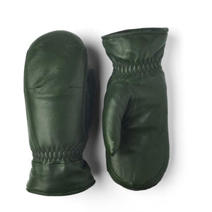 Pair of dark green Hestra leather mittens with elasticated wrists