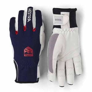 Hestra navy and white Gore-Tex Infinium gloves showing top and palm sides