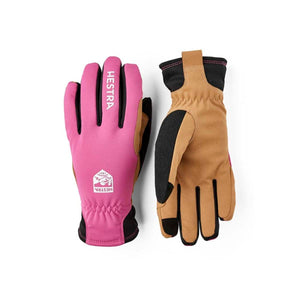 Hestra pink and tan gloves with black accents