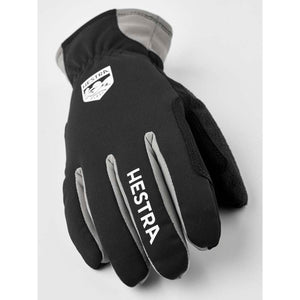 Black Hestra glove with grey accents and white logo