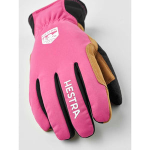 Hestra pink and black winter glove with tan leather palm detail