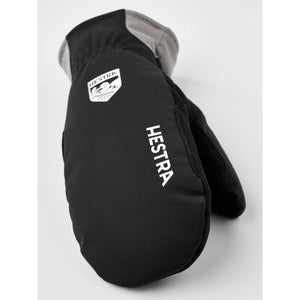 Black Hestra mitten with white logo and grey cuff