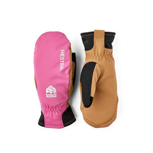 Hestra pink and tan mittens with black accents