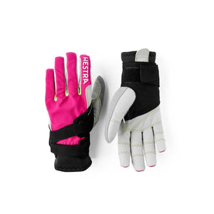Hestra pink and grey ski gloves with black wrist straps