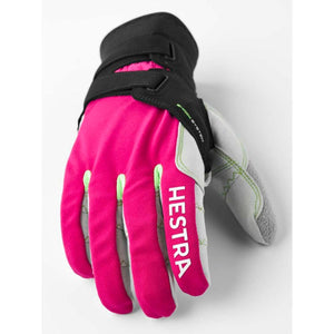 Hestra pink and grey ski glove with black strap and Shark System branding