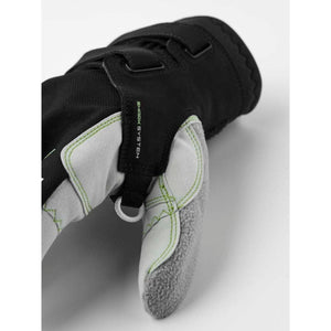 Close up of a black and grey glove with a Shark System loop attachment