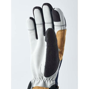 Hestra glove palm view with grey synthetic leather and black fleece thumb patch