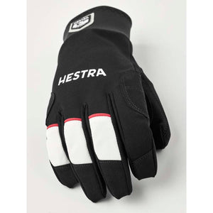 Black Hestra glove with white finger accents and brand logo