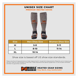 Mobile Warming unisex heated socks size chart showing men and women shoe size conversions for sizes M L and XL