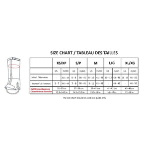 Hillsound gaiter size chart showing US and Euro shoe sizes and calf circumference measurements