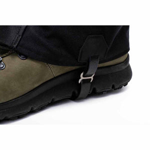 Hillsound gaiter strap secured under a hiking boot