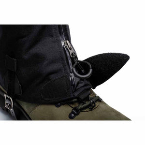 Close up of Hillsound gaiter zipper and velcro closure on a hiking boot