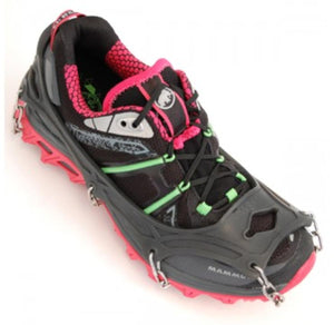 Mammut trail running shoe with attached metal traction spikes