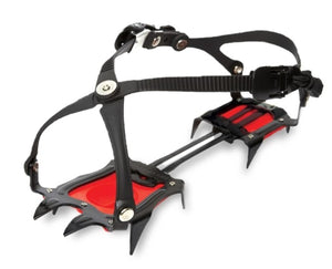 Black and red metal crampon with adjustable straps