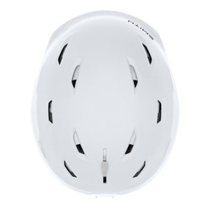 Top view of a white Smith Optics ski helmet with ventilation slots