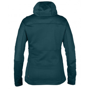 Back view of a dark teal FjallRaven hooded fleece jacket