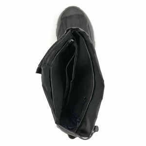 Top view of a black Neos overshoe showing the interior lining and adjustable strap