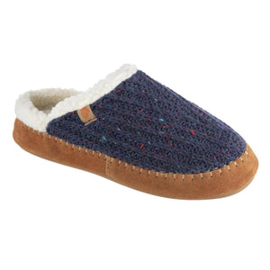 Acorn blue knit slipper with tan suede trim and white fleece lining