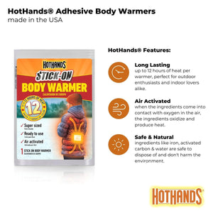 Hothands adhesive body warmer packaging showing twelve hours of heat and application instructions