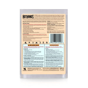 Hothands hand warmer packaging back label with instructions and safety warnings