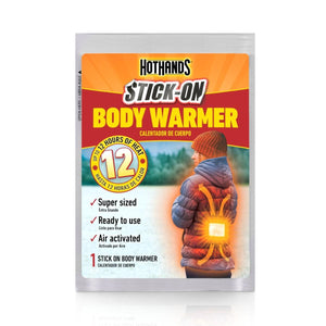 Hothands stick on body warmer packaging with 12 hour heat duration label