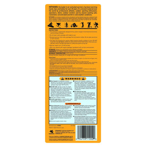 HotHands toe warmer product packaging back label with instructions and safety warnings