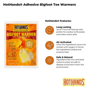 Hothands Bigfoot toe warmer packaging showing features including seven hours of heat and air activated technology
